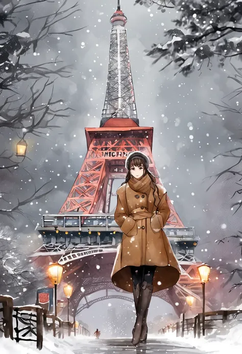 Tokyo Tower background at night、Depicting a heavy snowfall scene in the middle of winter、Women in long coats。She has pale black eyes and a pale brown chignon hairstyle.、There are a lot of people around々Hurray。knit hat、piercings、I have a rolled muffler..、Ot...