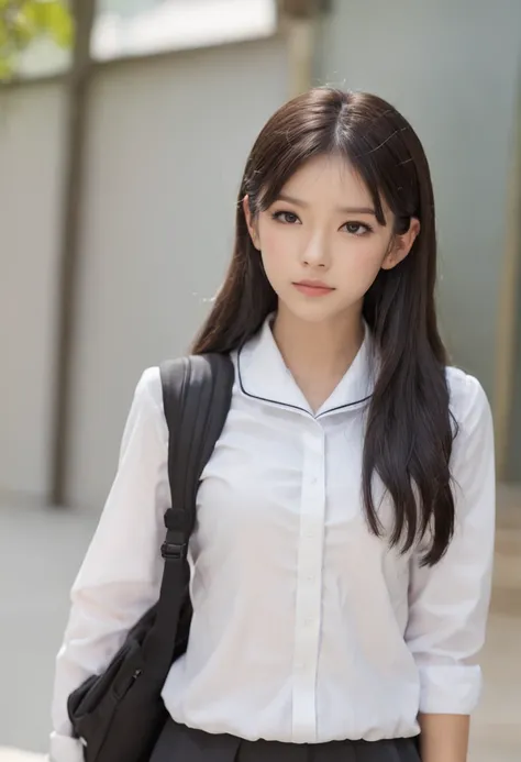 On the high school campus，White school uniform T-shirt top，black school uniform pants，Short black hair，Cute style high school girl