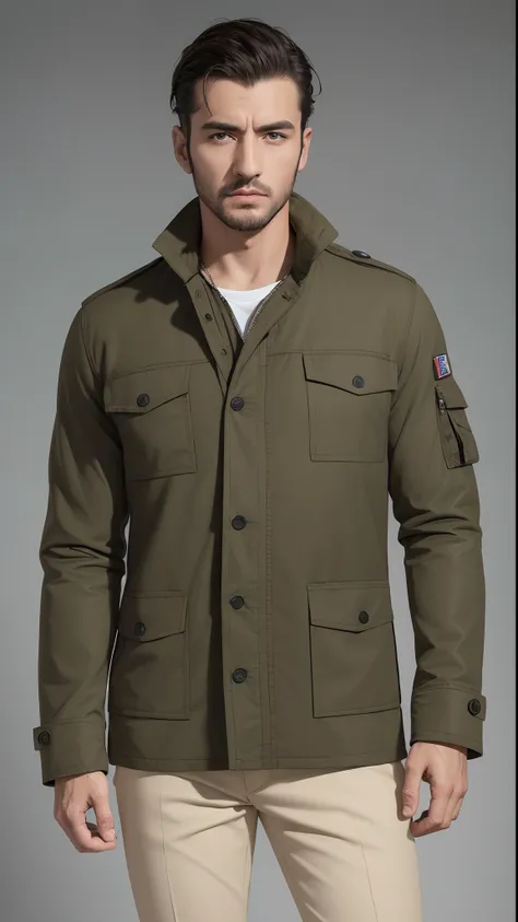 a man in a green jacket and tanned pants standing up, wearing jacket, military clothing, vestindo jaqueta verde, vestindo uma jaqueta de aviador, wearing hunter coat, medium, Roupas de piloto militar, suit jacket, impeccable military composure, jaqueta sob...