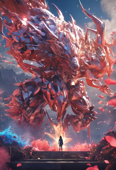 (Background with　Colorful fireworks:1.2),Viola、mountain ranges、The dragon、Near future、ciber、sea of clouds、the morning sun、wanting、grand、(1womanl:1.2),Biomechanical cyborg,Giant Swing、(Fly over the mountains),devastated,Shining Weapon,Dynamic Angle, spark a...