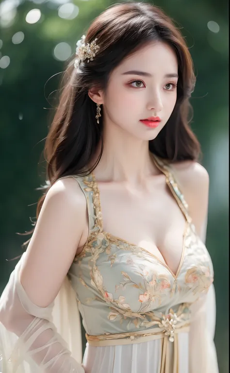 ((Best Quality, 8k, Masterpiece: 1.3)), Focus: 1.2, Perfect Body Beauty: 1.4, Buttocks: 1.2, ((Layered Haircut)), (Wet Clothes: 1.1), (Rain, Street:1.3), (Breasts: 1.2), (Hanfu: 1.2), Bare Shoulders, Bare Legs, Highly Detailed Face and Skin Texture, Fine E...