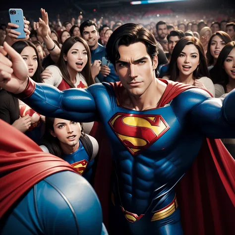 Create an image depicting Superman taking a selfie with a group of delighted fans, capturing his iconic and inspiring interaction with his admirers. Depict Superman in a confident and approachable pose, holding a smartphone out for a selfie while surrounde...