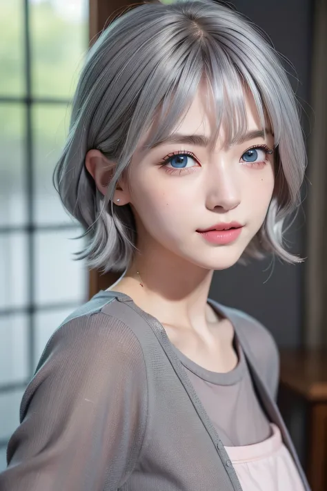 (Blue eyes:1.2)、The best smile、(Ash gray hair:1.5)、、short-hair, (Raw photography、top-quality)、(realisitic、Photorealsitic:1.3)、top-quality、​masterpiece、extremely delicate and beautiful、A highly detailed、nffsw、A sense of unity、2k wallpaper、magnifica、Beautifu...