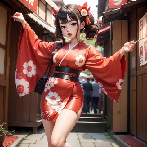 Female idol covered in red beans（Cute kimono）、Looks fun、full body Esbian、