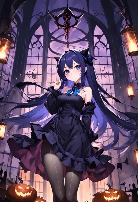 bewitching、amorous、Adults、Eight-toothed woman with long purple hair and a large black ribbon on the side of her head、Blue inner color、Futomo、tights、Wearing a gothic black dress、Candle、Vampires