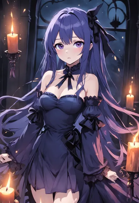 bewitching、amorous、Adults、Eight-toothed woman with long purple hair and a large black ribbon on the side of her head、Blue inner color、Futomo、tights、Wearing a gothic black dress、Candle、Vampires