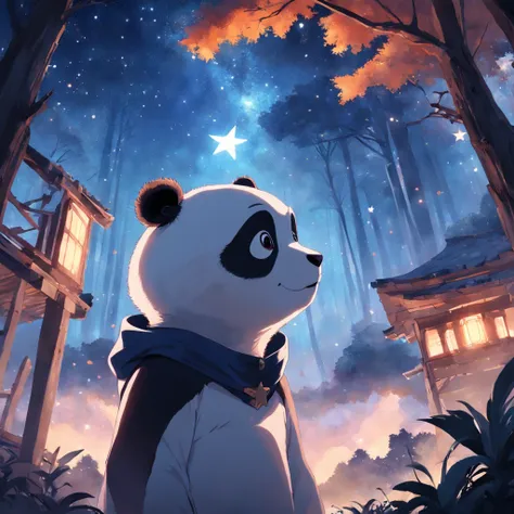 tmasterpiece，best qualityer，cinematic Film still from，1 panda，Close-up，natta，Panda looking up at the stars in the forest，Turn your back to the stars，Starry sky，spark of light