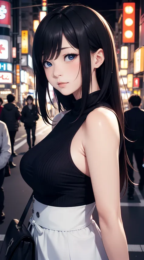 1girl, Tokyo street,night, cityscape,city lights, upper body,close-up, 8k, RAW photo, best quality, masterpiece,realistic, photo-realistic,