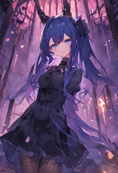 bewitching、amorous、Adults、Bullish woman with double teeth and hanging eyes with long purple hair and a large black ribbon on the side of her head、Blue inner color、Futomo、tights、Wearing a gothic black dress、Candle、Vampires