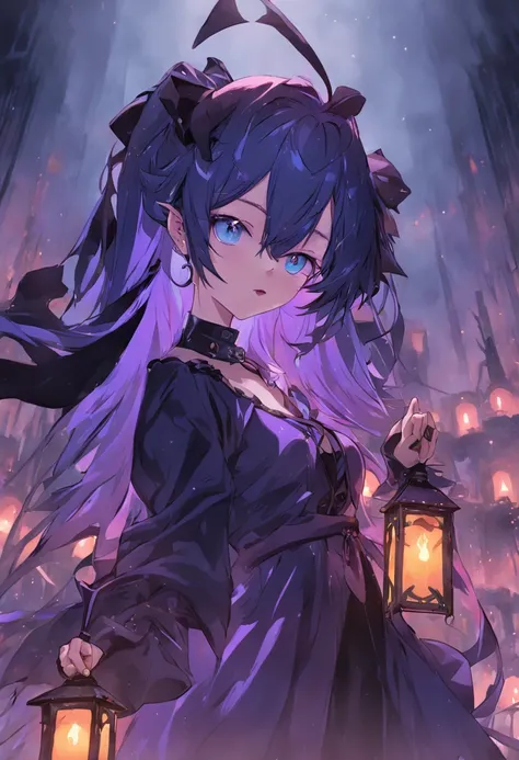 bewitching、amorous、Adults、Bullish woman with double teeth and hanging eyes with long purple hair and a large black ribbon on the side of her head、Blue inner color、Futomo、tights、Wearing a gothic black dress、Candle、Vampires