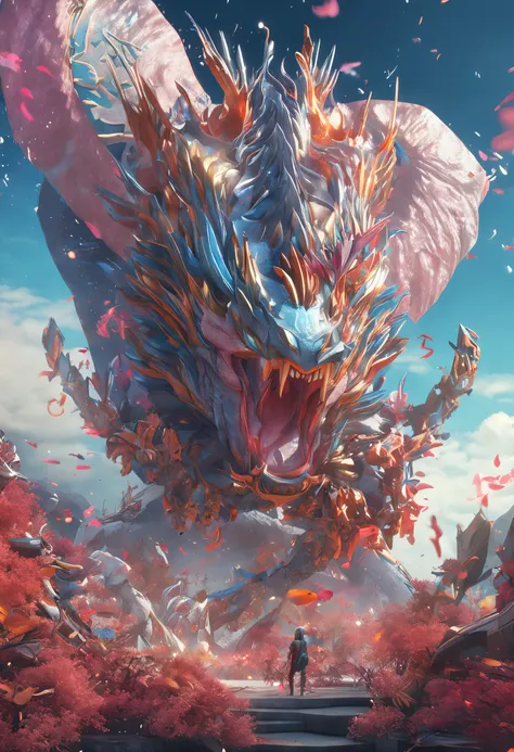 (Background with　Colorful fireworks:1.2),Viola、mountain ranges、The dragon、Near future、ciber、sea of clouds、the morning sun、wanting、grand、(1womanl:1.2),Biomechanical cyborg,Giant Swing、(Fly over the mountains),devastated,Shining Weapon,Dynamic Angle, spark a...