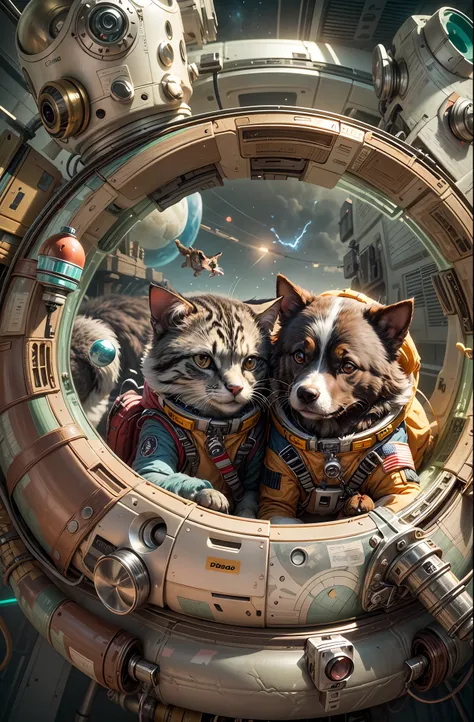 a dog and a cat in space suit,detailed,realistic,4k highly detailed digital art,octane render, bioluminescent, break 8k resoluti...