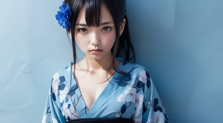 A single anime woman is looking at the camera, with black eyes and black tied up hair, wearing a navy blue flower petal printed yukata, is standing in front of a absolute icy blue background and is curiously looking at the camera with one of her eyebrow up...