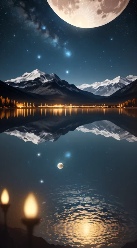 Very starry night. A giant moon behind the mountains. A tranquil lake reflecting the night. Realistic scene, detailed, photorealism, 8k