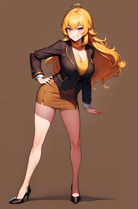 (masterpiece, best quality:1.2), solo, 1girl, yang xiao long, grin, hand on hip, ahoge, purple eyes, brown skirt suit, brown blazer, brown pencil skirt, brown high heels, cleavage, large breasts, office, full body