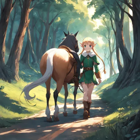 elf girl walking along the road that overlooks a wood holding a horse by the rope