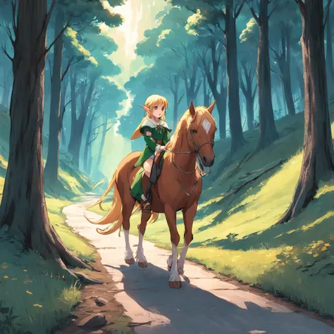 elf girl walking along the road that overlooks a wood holding a horse by the rope