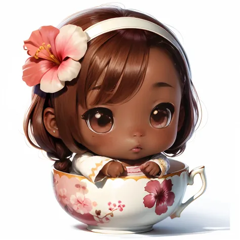 Cute brown skin baby chibi anime, with freckles,White and pink dress, Sit in a teacup,hibiscus