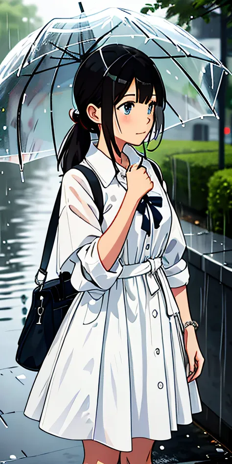 Girl in white dress，on the campus，Rain