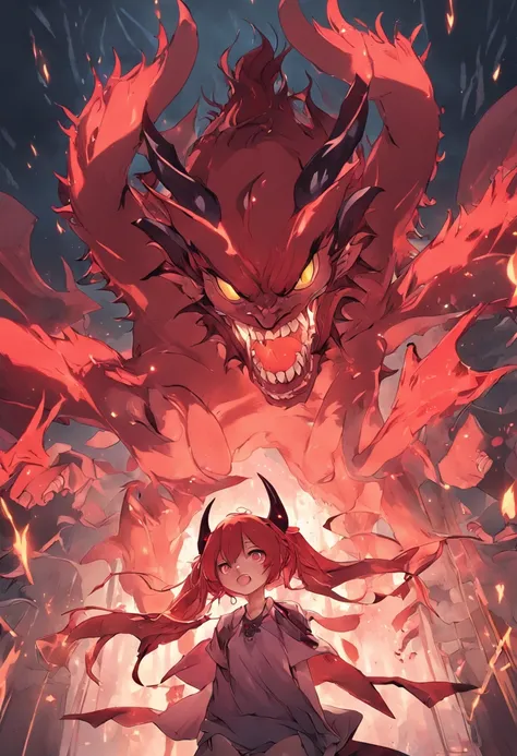 Devil girl with red hair twin-tailed head with horns on one side、Has double teeth and an open mouth、Has a large one-winged、The dragon