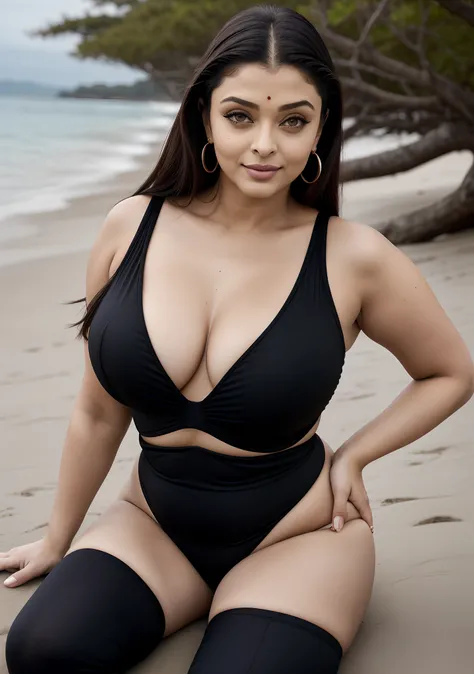 Aishwarya Rai as international model, 42 yo curvy milf, full body head to toe photo, black micro mini bikini, thigh high boots, bare breasts almost out, curvy milf figure, big breasts, high ponytail hair, posing outdoors in beach, bright sunny day, hourgla...