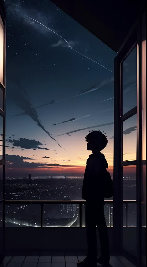 anime,silhouette,1boy, star (sky), cloud, cityscape, building, city, outdoors, skyscraper, city lights, night, night sky, sunset...