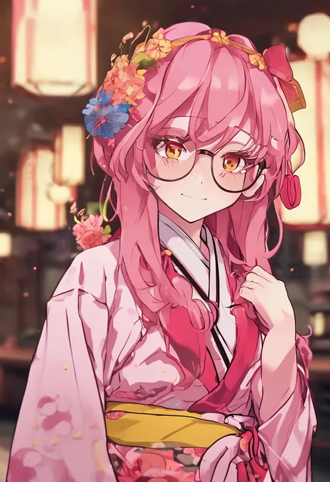 animemanga girl，Nagawa Taffy，A pink-haired，Yellow glasses，red kimono