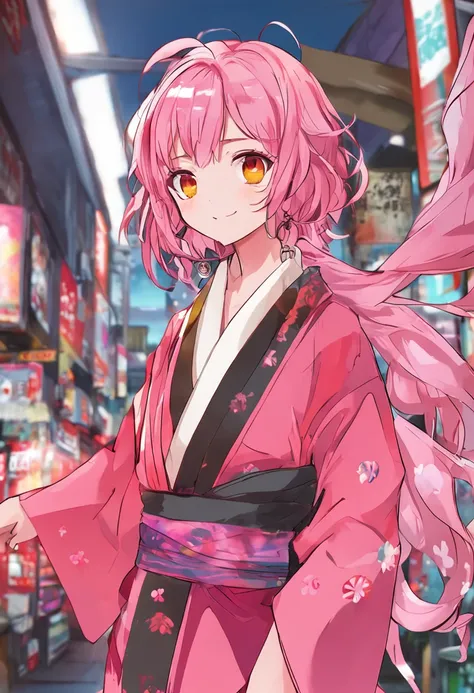 animemanga girl，Nagawa Taffy，A pink-haired，Yellow glasses，red kimono