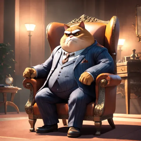 An old fat striped gangster, Tomcat sitting in a leather armchair, Mafia, criminal, 3D video rendering, pixar character