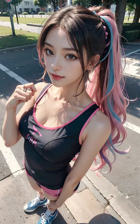 (Big breasts, 18 years old, Very small head), Daylight, Sunlight, (Perfect body : 1.1), (short wavy hair:1.2, dark brown hair, Pink and blue mesh hair, Thin mesh, half updo), ((Full body shot)), (sports wear), (onground), (Running), (Very detailed CG 8k wa...