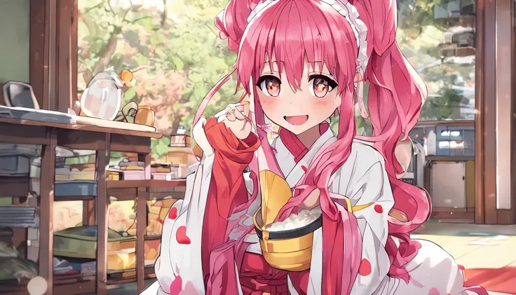 animemanga girl，Nagawa Taffy，A pink-haired，Yellow glasses，red kimono，bathrobe，candy apple