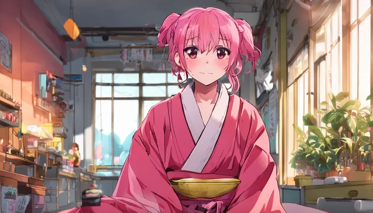 animemanga girl，Nagawa Taffy，A pink-haired，Yellow glasses，red kimono，bathrobe，candy apple