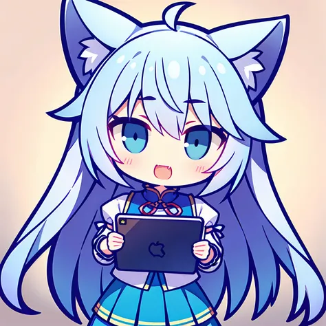 Pale color background, blue-shirt, Chinese design style, The clothes have a chinoiserie pattern, pleatedskirt, Hold the iPad in your hand, The form file at hand, light blues，Silver-gray hair, multicolored hair, ahoge, Long hair, Straight hair, heart ahoge,...