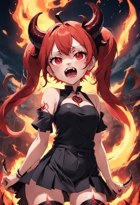 Devil girl with red hair twin tails and broken horns、Has double teeth and an open mouth、Has a large one-winged、Flame tattoo on the body、Horns on the face