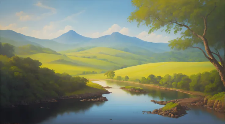 pintura de um rio que atravessa um vale verde exuberante com montanhas ao fundo, colinas fluidas, 8k resolution digital painting, 8k resolution digital painting, Pintura digital 4K, Pintura digital 4k, pintura digital detalhada, baixo detalhamento. pintura...