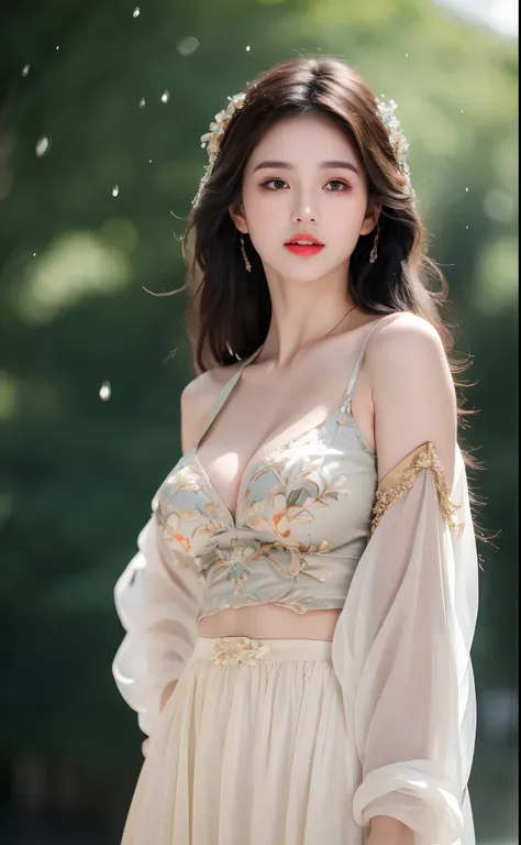 ((Best Quality, 8k, Masterpiece: 1.3)), Focus: 1.2, Perfect Body Beauty: 1.4, Buttocks: 1.2, ((Layered Haircut)), (Wet Clothes: 1.1), (Rain, Street:1.3), (Breasts: 1.2), (Hanfu: 1.2), Bare Shoulders, Bare Legs, Highly Detailed Face and Skin Texture, Fine E...