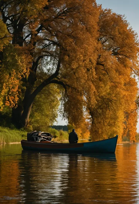 Ein Mann auf einem Boot, der See sieht aus wie der Ruppiner See aus Neuruppin, Deutschland