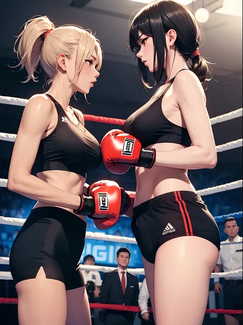 Mature female boxer and girl boxer facing each other。Mature female boxers are big and tall、Intimidating surveillance。Girl boxers are petite, He nervously looks up at his short back.。Boxing gloves and sports bra 、Womens Boxing Match、A match between two play...