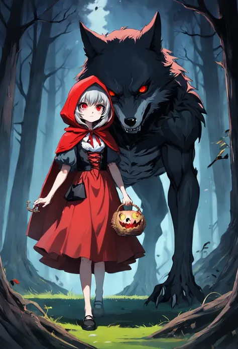 Dark Little Red Riding Hood Girl，Has an evil expression，There is a scar on the face，Holding an apple in his left hand，Holding a skeleton in his right hand，There is a wolf behind him，The grass was charred black，in the night