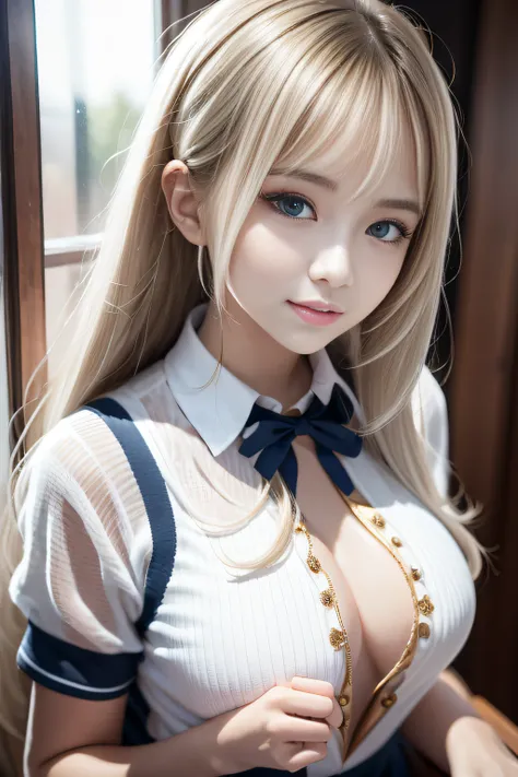 porate、School uniforms、bright expression、poneyTail、young and shiny white shiny skin、Best Looks、Gold reflects light、Platinum blonde hair，Shine brightly、Shiny light hair,、Super long silky straight hair、Beautiful bangs that shine、Big blue eyes sparkling，Like ...