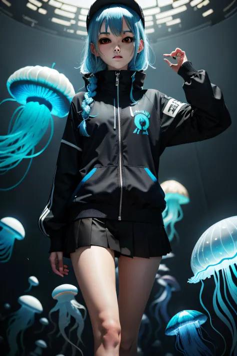 blue hairs，Jellyfish head，Height 165，Trackwear in shades black and blue，The whole body is covered with black bandages，schoolgirls