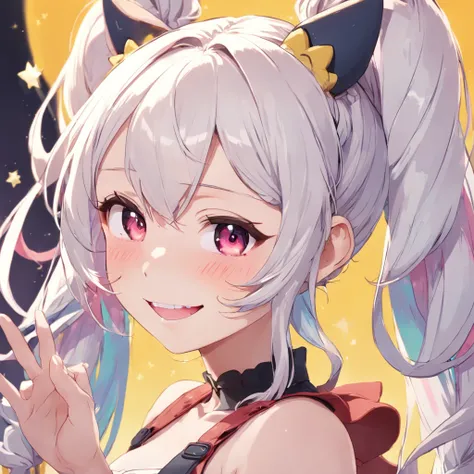 black hair, hair bobbles, wince, longeyelashes, solid circle eyes, fake animal ears, light smile, ear blush, fang, blonde hair, white hair, multicolored hair, multicolored hair, ahoge, ahoge, ahoge, bangs, bangs, braid, braided ponytail, ponytail, twintail...