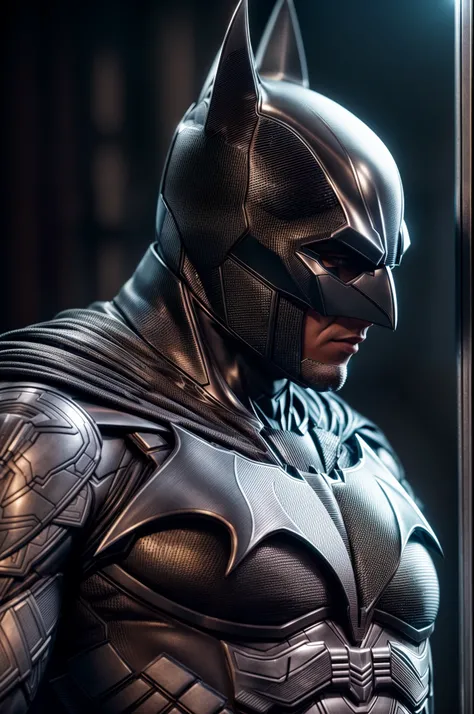 An intricate silver batman cybiotics suit, extremely detailed suit, futuristic batman, high quality, masterpiece, 8k, micro-details, photorealism, photorealistic, one light, dark photo, deep shadows, shallow depth of field