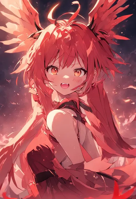 Eight-toothed girl with light red hair and twin tails with horns on one side、Dark red inner color、One-winged devil、No one-sided angle、Dragon Tribe Girl、The dragon