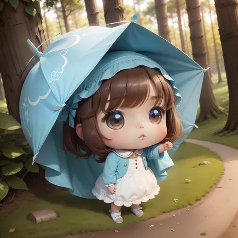 Cute brown skin baby chibi anime,Pale blue and white dress,the woods,House of sweets.