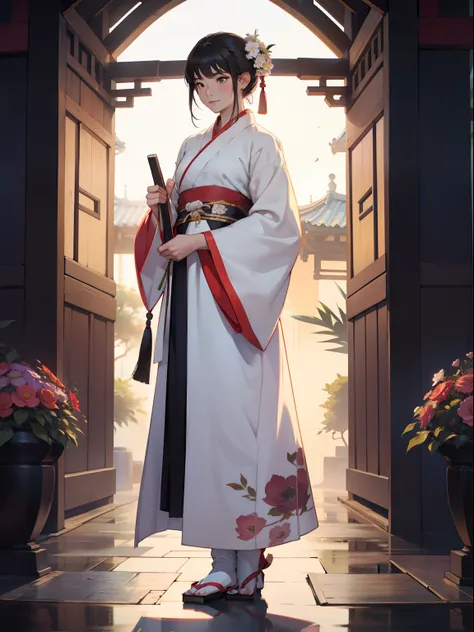 A woman who is，Hanfu，Flowers in hand，standing on your feet，nigth，