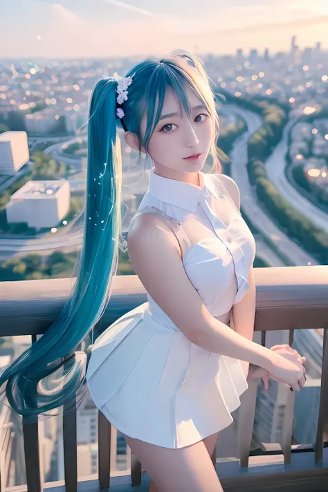 miku hatsune、Official art, ​masterpiece, Sharp Focus, (Beautiful gorgeous cute korean woman:1.3), (Beautiful cute korean woman:1.3), Korean  beauty, Delicate Beautiful Hair and Eyes and Face, realisitic, ultra-detailliert, a beauty girl, blue-sky, Glow whi...