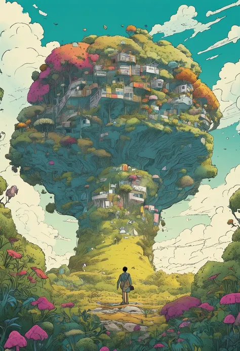 paysage fantastique, Nausicaa, cultivated fields, Statue of a fantastic robot character buried under vegetation, (Uneven terrain:1.6), (Colorful fungal houses recovered: 1.5), (buissons moelleux: 1.1), vent, Cumulonimbus Cloud, cirrus, thick silhouette, si...