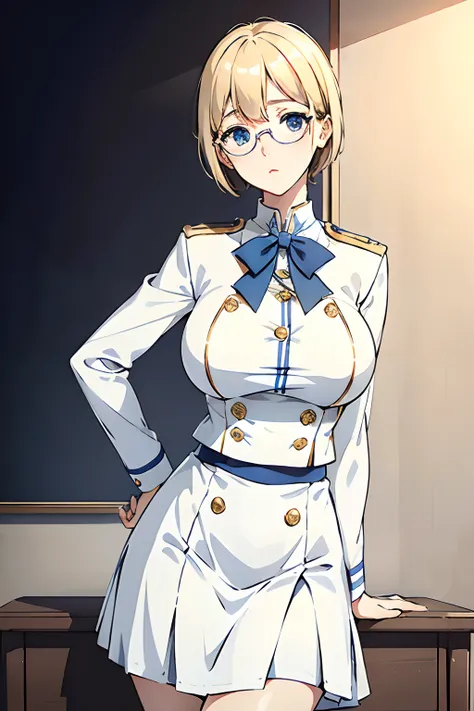 elite school uniform, blue white gold uniform, white skirt, white top, blue ribbon, golden buttons, golden shoulder pats, adult, 22 years, blond hair, short hair, chignon hair cut, round glasses, blue eyes, beautiful eyes, mid-sized breast, neutral express...