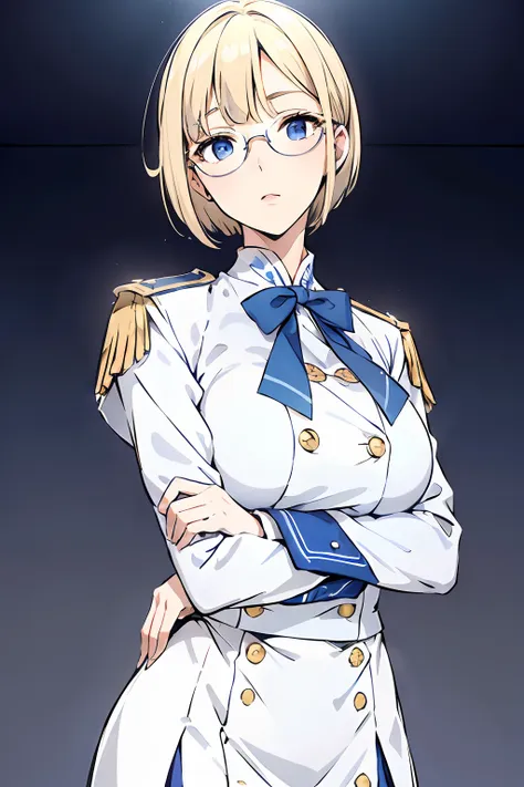 elite school uniform, blue white gold uniform, white skirt, white top, blue ribbon, golden buttons, golden shoulder pats, adult,...